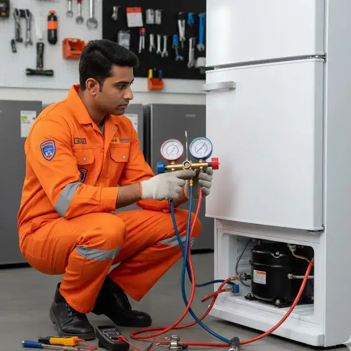 تصليح ثلاجات الكويت | فني هندي لصيانة الثلاجات والفريزرات 6 فني يقوم بفحص ضغط الفريون في ثلاجة باستخدام عدادات قياس داخل ورشة صيانة
