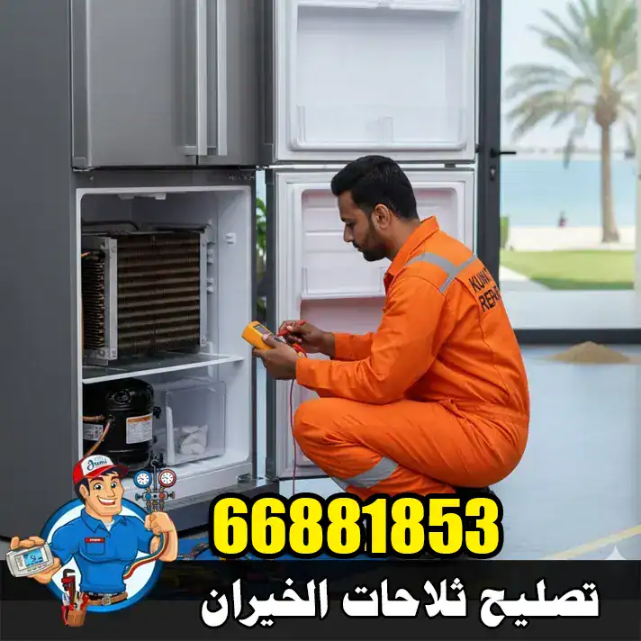فني صيانة في الخيران يقوم بفحص ثلاجة متوقفة عن التبريد داخل منزل العميل