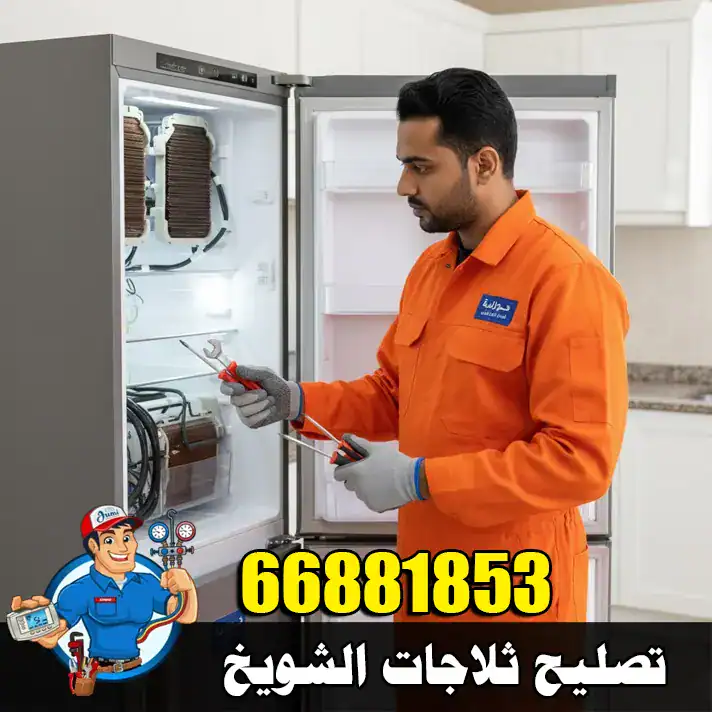 فني في الشويخ يقوم بفحص ثلاجة منزلية باستخدام أدوات بسيطة لمعرفة سبب ضعف التبريد