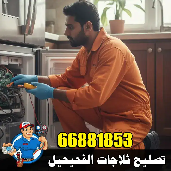تصليح ثلاجات الفحيحيل 1 فني ثلاجات في الفحيحيل يفحص مشكلة ضعف التبريد داخل الثلاجة باستخدام أدوات صيانة متقدمة