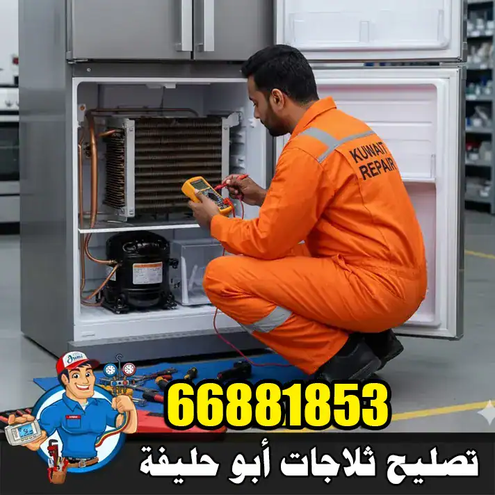 فني يقوم بفحص ثلاجة داخل منزل في أبو حليفة لتحديد سبب ضعف التبريد بدقة