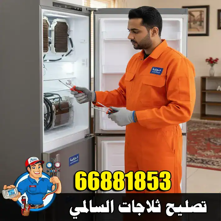فني ثلاجات في السالمي يفحص ثلاجة منزلية لتحديد سبب توقف التبريد
