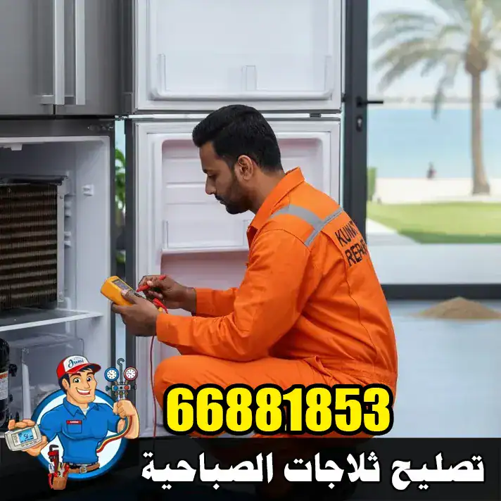 فني في الصباحية يفحص ثلاجة منزلية لمعرفة سبب توقف التبريد قبل البدء بالإصلاح
