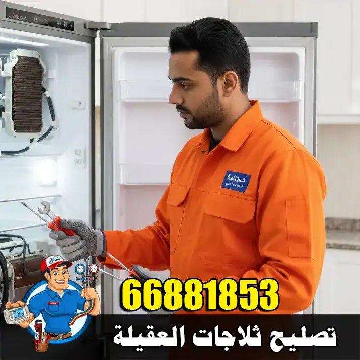 فني ثلاجات في العقيلة يفحص ثلاجة داخل منزل لتحديد سبب ضعف التبريد بدقة