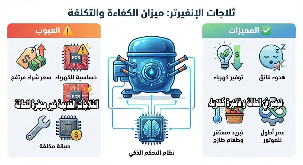 الفرق بين ثلاجة الإنفيرتر (Inverter) والثلاجة العادية: المميزات، العيوب، وأشهر الأعطال 2 المميزات والعيوب في نظام الثلاجات الإنفيرتر