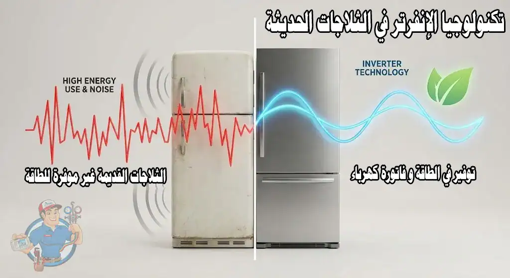 الفرق بين ثلاجة الإنفيرتر (Inverter) والثلاجة العادية: المميزات، العيوب، وأشهر الأعطال 1 الفرق في استهلاك الطافة بين تكنولوجيا الإنفرتر في الثلاجات الحديثة و الاستهلاك العالي في الثلاجات القديمة