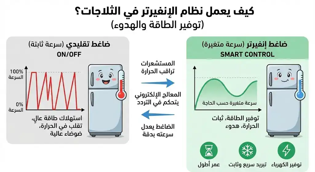 تصليح ثلاجات الكويت | فني هندي لصيانة الثلاجات والفريزرات 3 إنفوجراف نظام عمل الإنفريتر في الثلاجات الحديثة والفرق بينها وبين القديمة