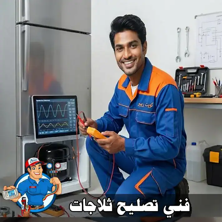 تصليح ثلاجات الكويت | فني هندي لصيانة الثلاجات والفريزرات 2 فني تصليح ثلاجات في الكويت يفحص كمبروسر ثلاجة باستخدام جهاز قياس كهربائي وشاشة تشخيص أعطال، خدمة احترافية لصيانة أنظمة التبريد والإنفيرتر
