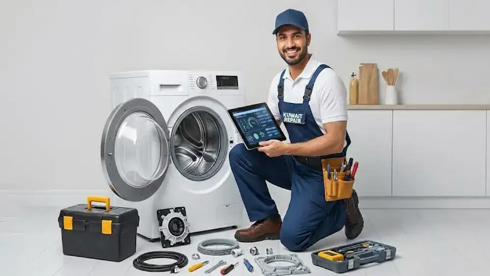 فني تصليح غسالات في الكويت يفحص غسالة اتوماتيك داخل المنزل مع أدوات الصيانة