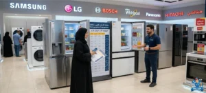 تظهر مجموعة متنوعة من الثلاجات المتطورة (Side-by-Side و French Door) من أشهر الماركات العالمية مثل Samsung، LG، Bosch، و Hitachi