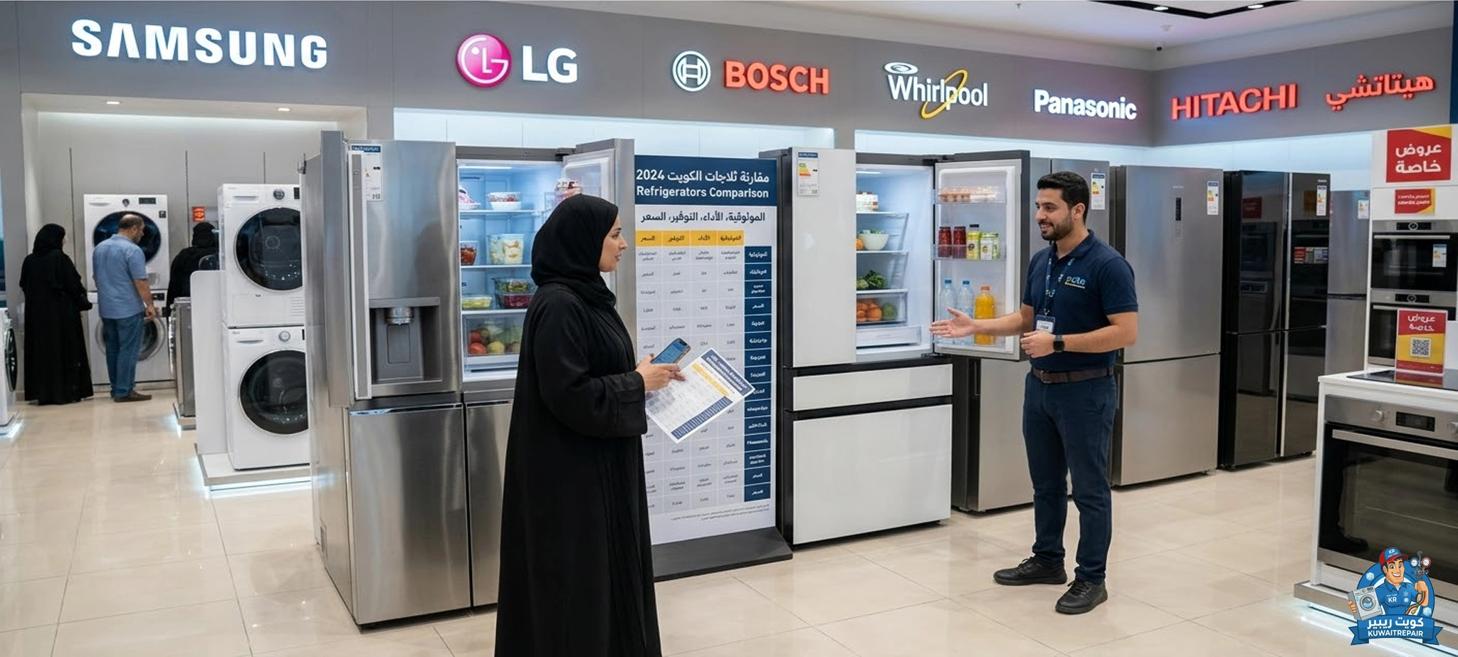 تظهر مجموعة متنوعة من الثلاجات المتطورة (Side-by-Side و French Door) من أشهر الماركات العالمية مثل Samsung، LG، Bosch، و Hitachi